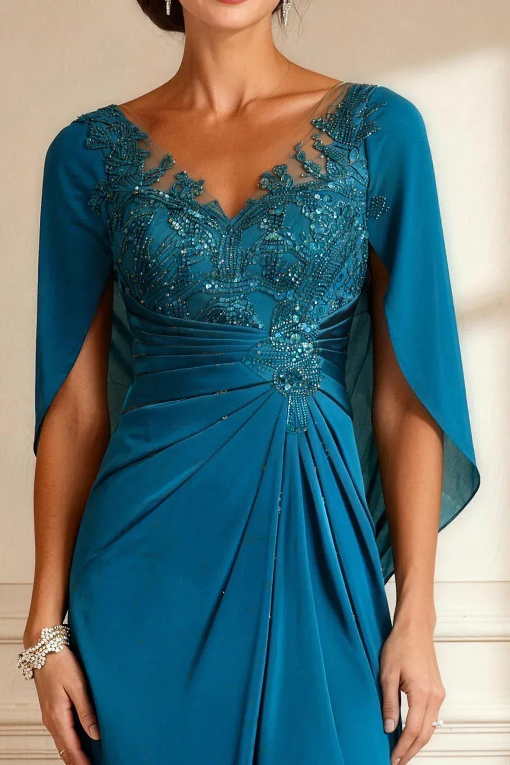 Classic Bodycon V Neck Cape Chiffon Appliques Floor-Length Mother of the Bride Dress