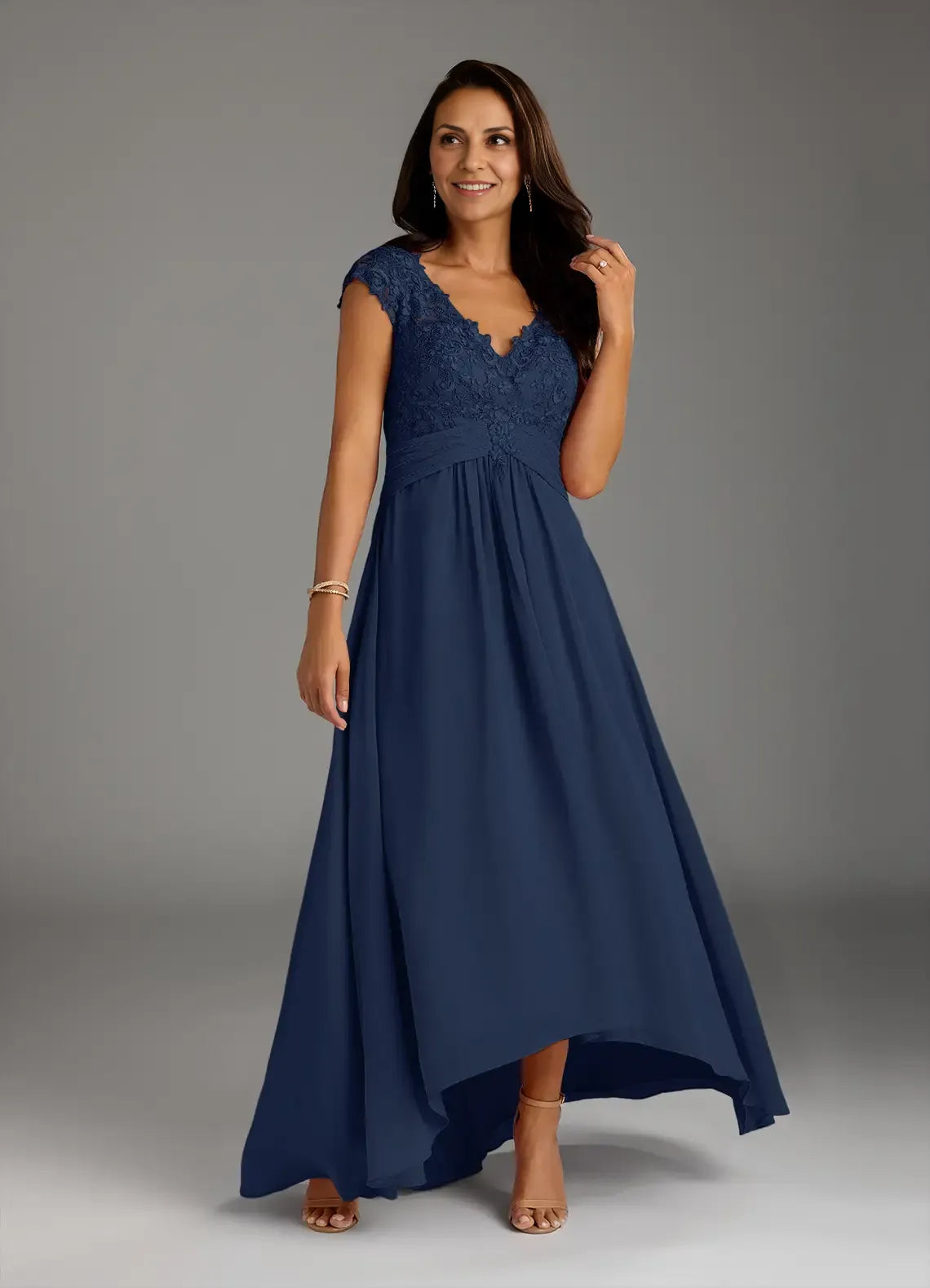 Weitese Dress Classic Dark Navy A-Line Lace Chiffon Dress Asymmetrical Length Cap Sleeve Illusion Back Mother of the Bride Dress