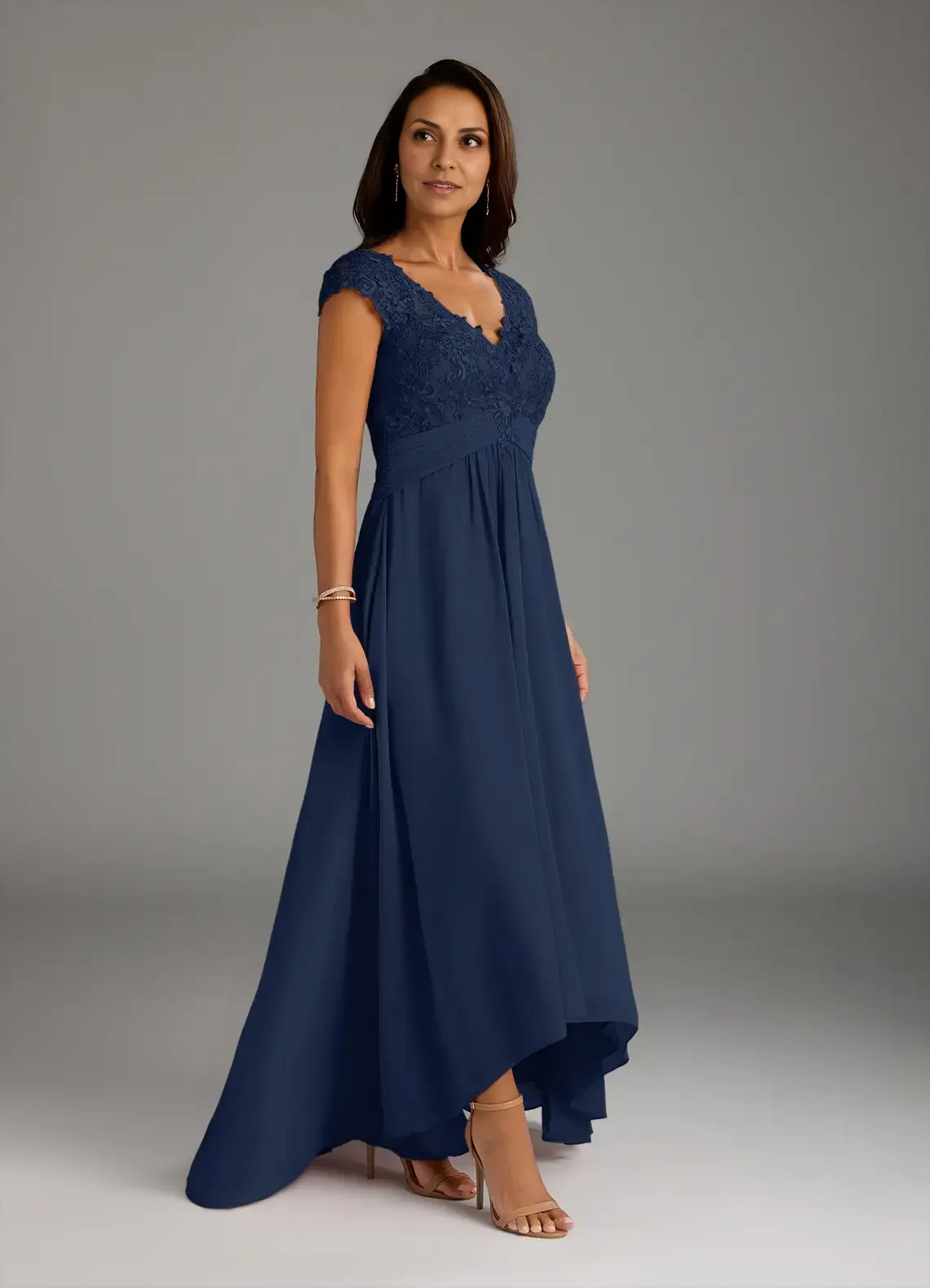 Weitese Dress Classic Dark Navy A-Line Lace Chiffon Dress Asymmetrical Length Cap Sleeve Illusion Back Mother of the Bride Dress