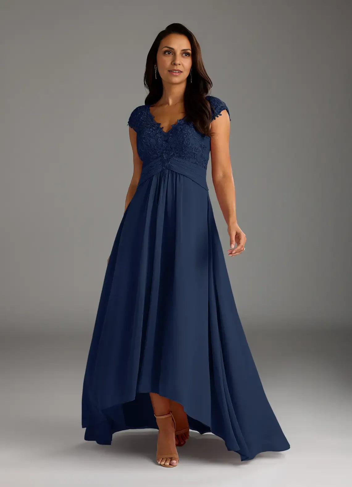 Weitese Dress Classic Dark Navy A-Line Lace Chiffon Dress Asymmetrical Length Cap Sleeve Illusion Back Mother of the Bride Dress