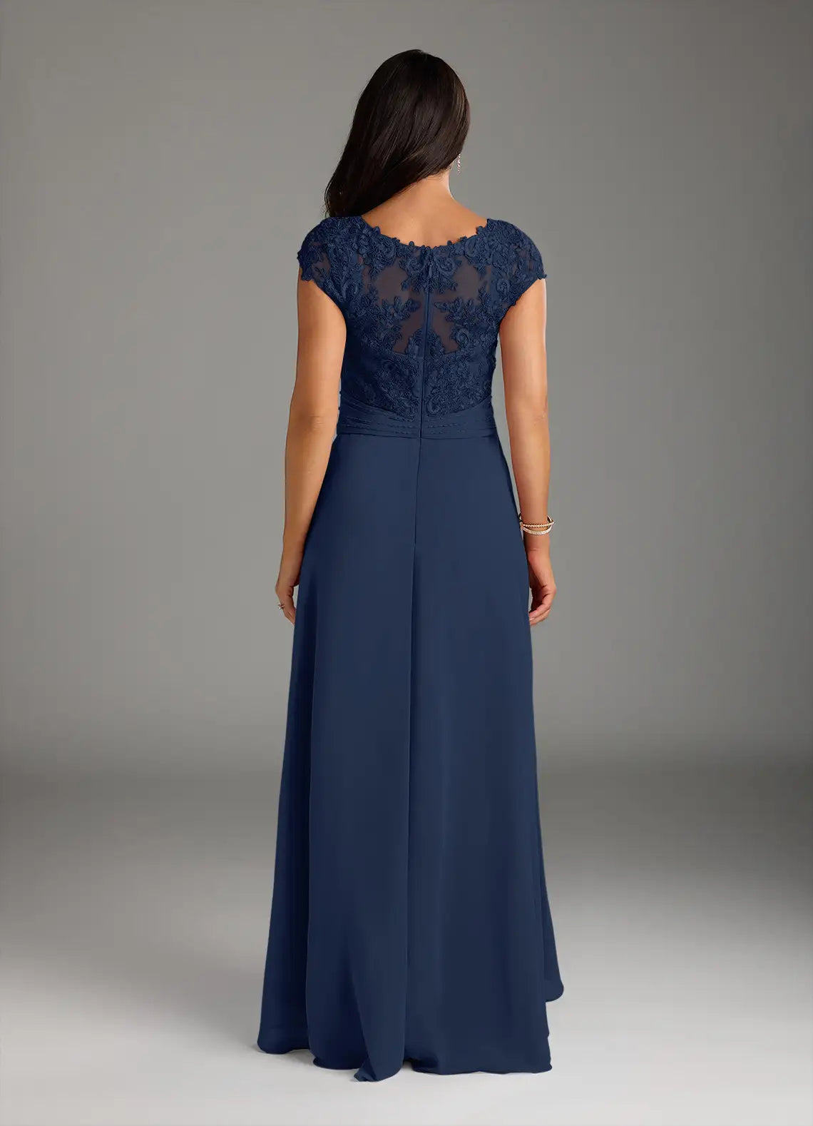 Weitese Dress Classic Dark Navy A-Line Lace Chiffon Dress Asymmetrical Length Cap Sleeve Illusion Back Mother of the Bride Dress