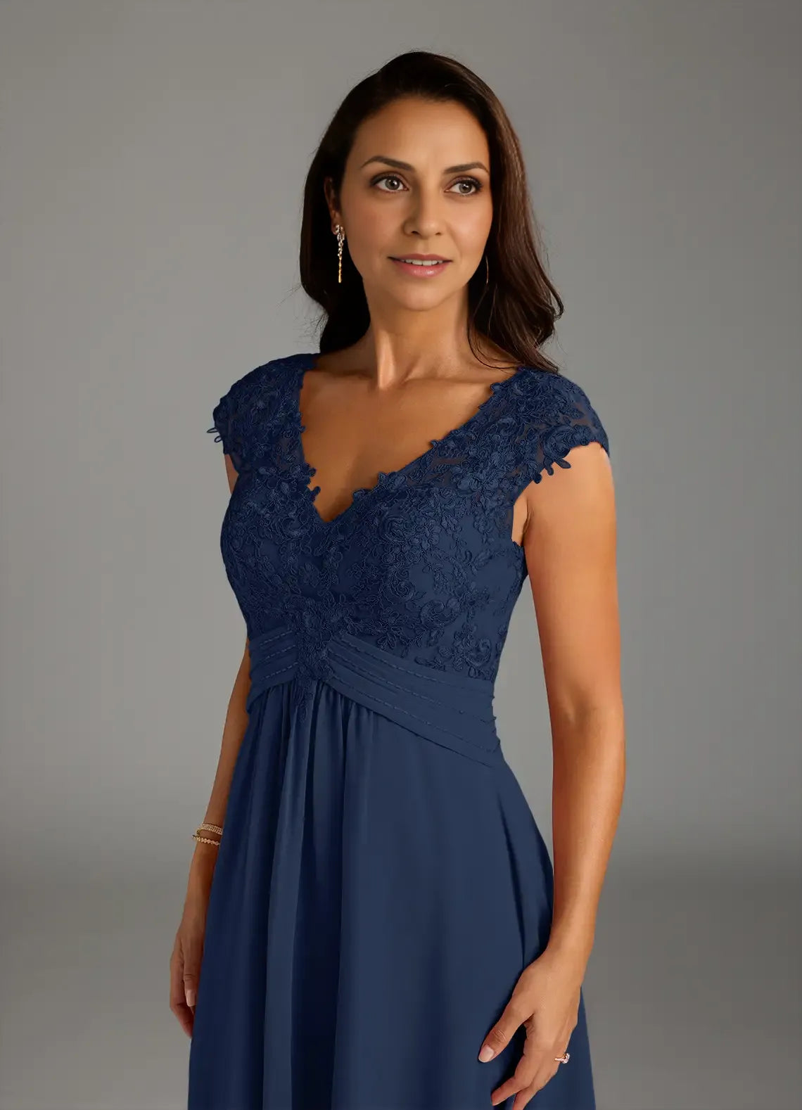 Weitese Dress Classic Dark Navy A-Line Lace Chiffon Dress Asymmetrical Length Cap Sleeve Illusion Back Mother of the Bride Dress