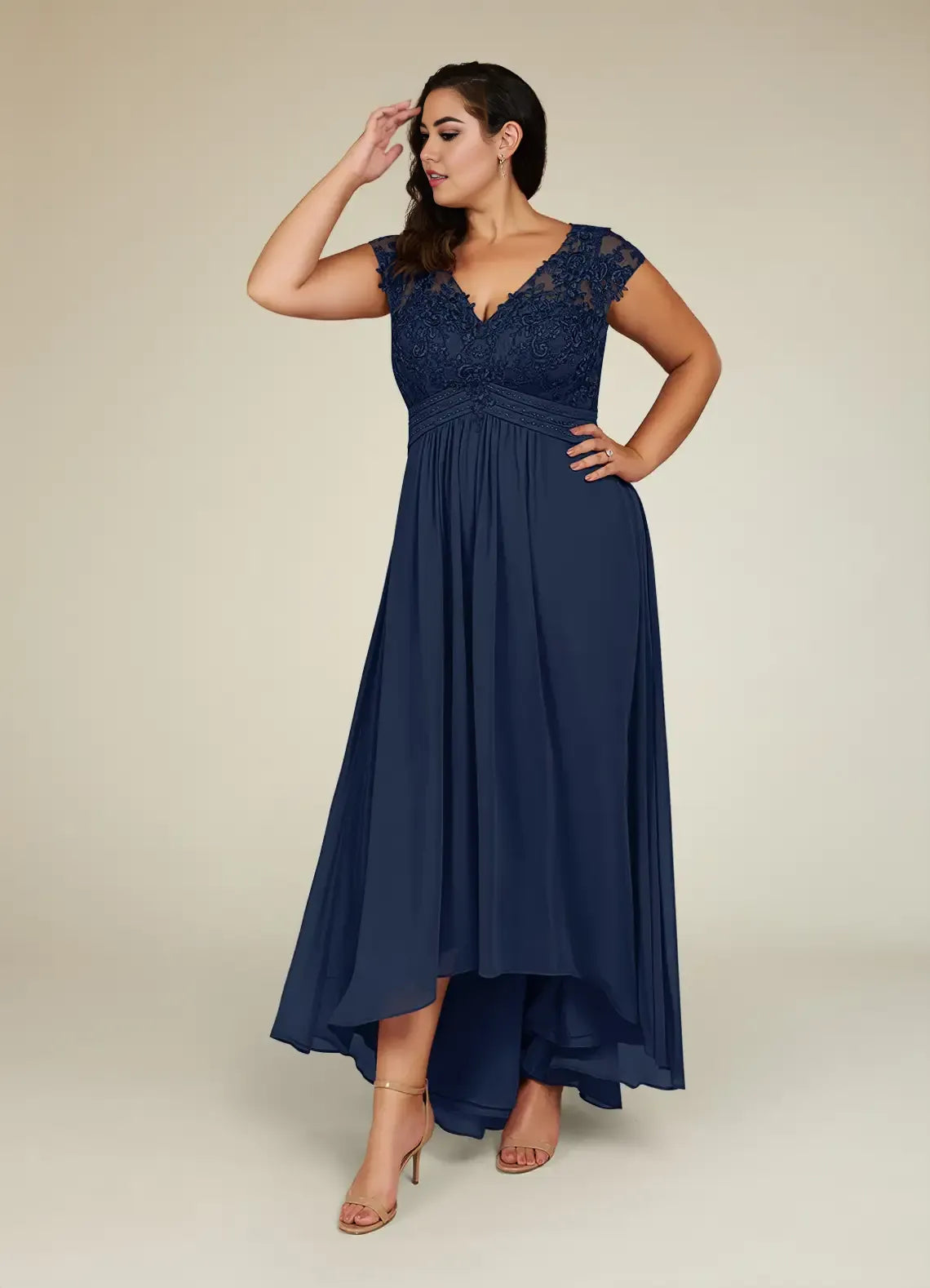 Robe Weitese classique bleu marine foncé, coupe trapèze, en mousseline de soie et dentelle, grande taille, longueur asymétrique, manches courtes, dos illusion, pour mère de la mariée 