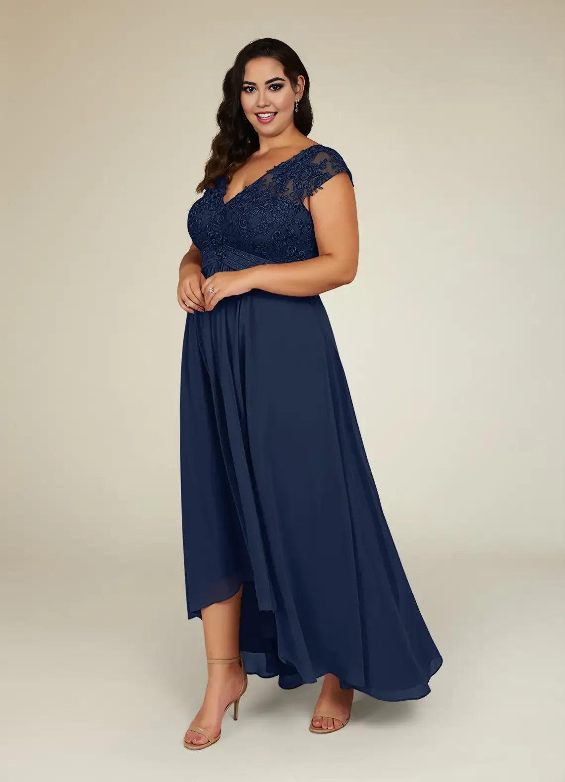 Robe Weitese classique bleu marine foncé, coupe trapèze, en mousseline de soie et dentelle, grande taille, longueur asymétrique, manches courtes, dos illusion, pour mère de la mariée 