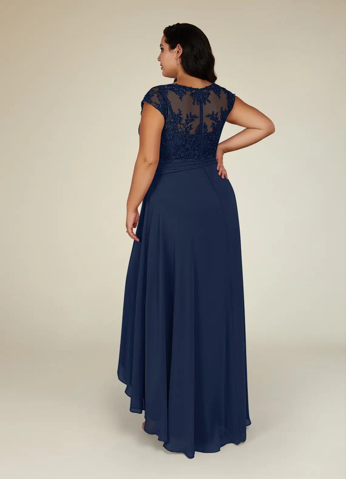 Robe Weitese classique bleu marine foncé, coupe trapèze, en mousseline de soie et dentelle, grande taille, longueur asymétrique, manches courtes, dos illusion, pour mère de la mariée 