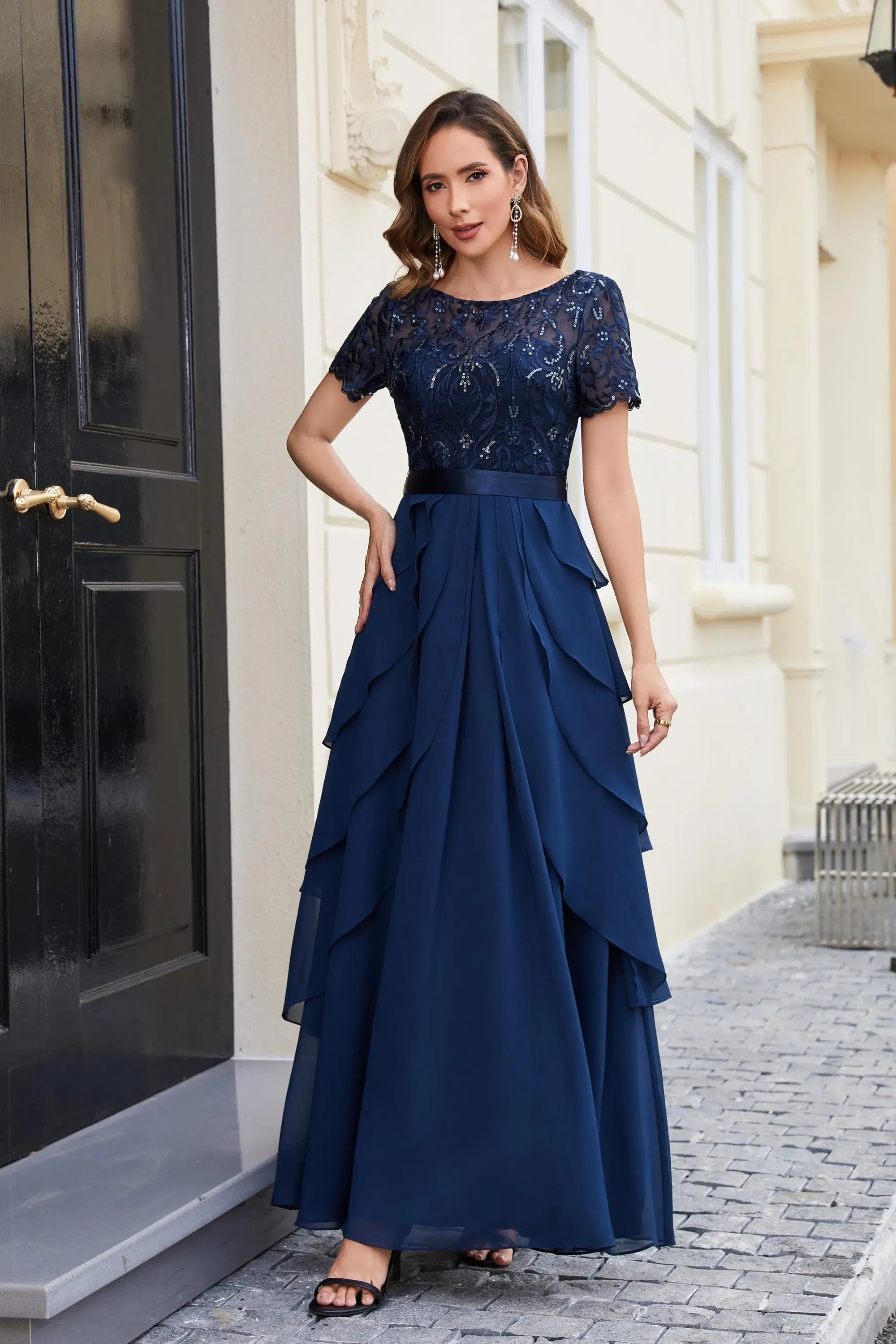 Classic Elegant A-Line Boat-Neck Lace Sequins Chiffon Navy Long Mother of The Bride Dress