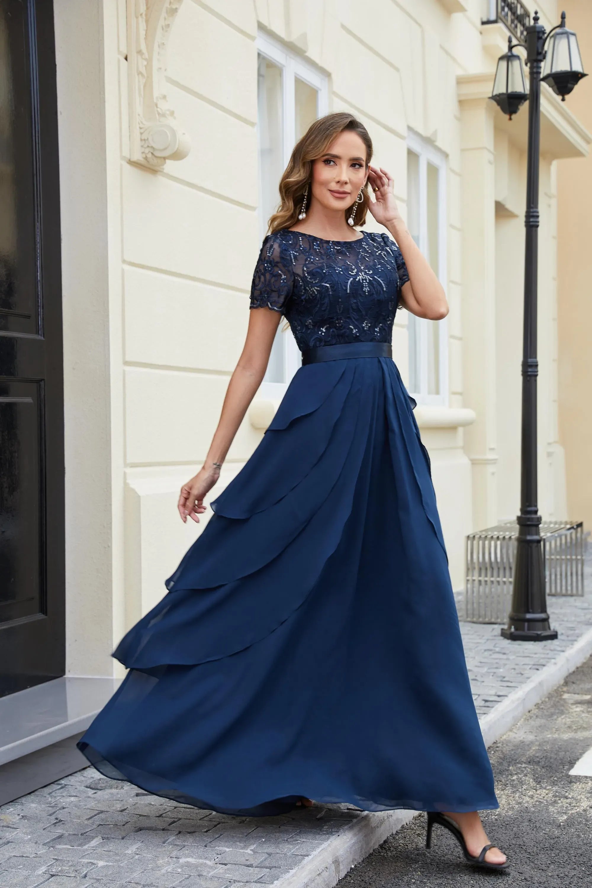 Classic Elegant A-Line Boat-Neck Lace Sequins Chiffon Navy Long Mother of The Bride Dress