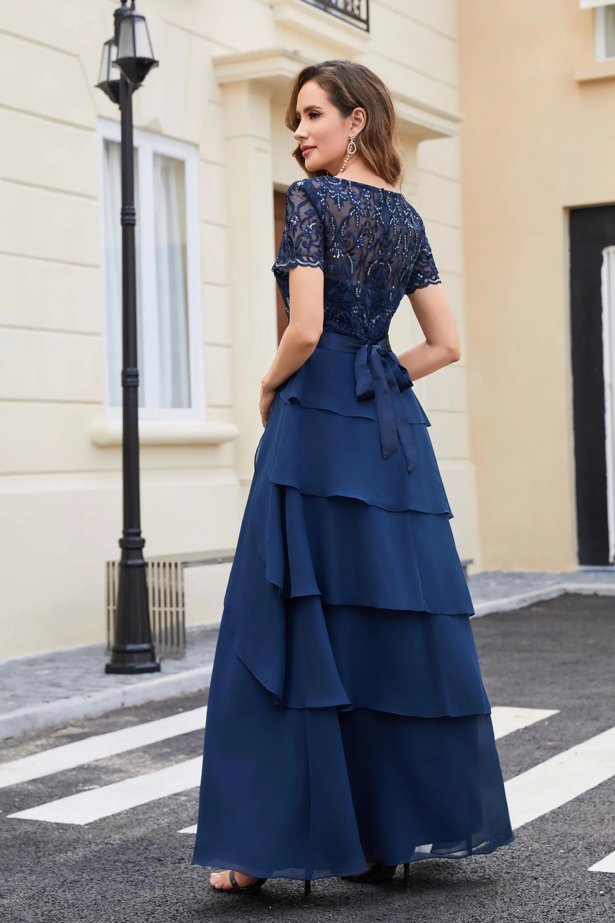 Classic Elegant A-Line Boat-Neck Lace Sequins Chiffon Navy Long Mother of The Bride Dress