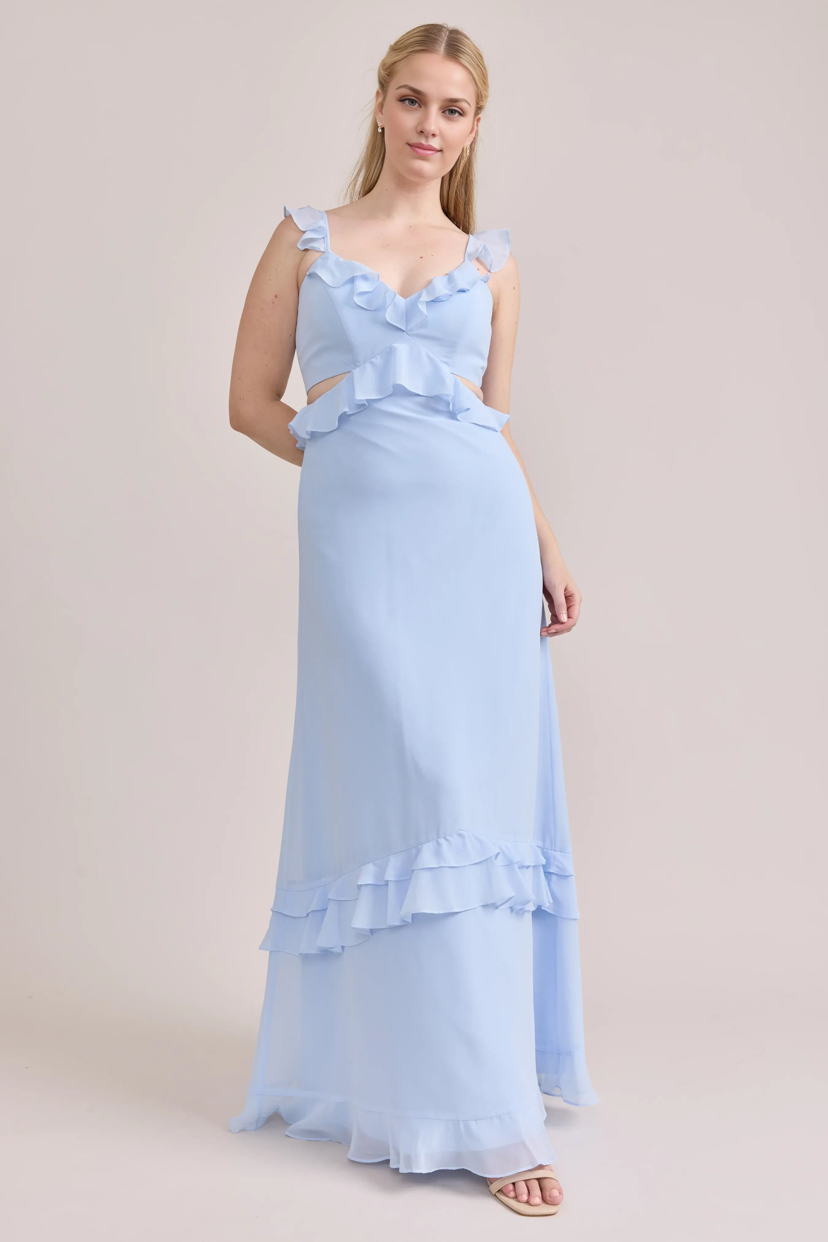Classic Fitted A-line Ruffle V Neck Sleeveless Backless Ankle-Length Bridesmaid Dress