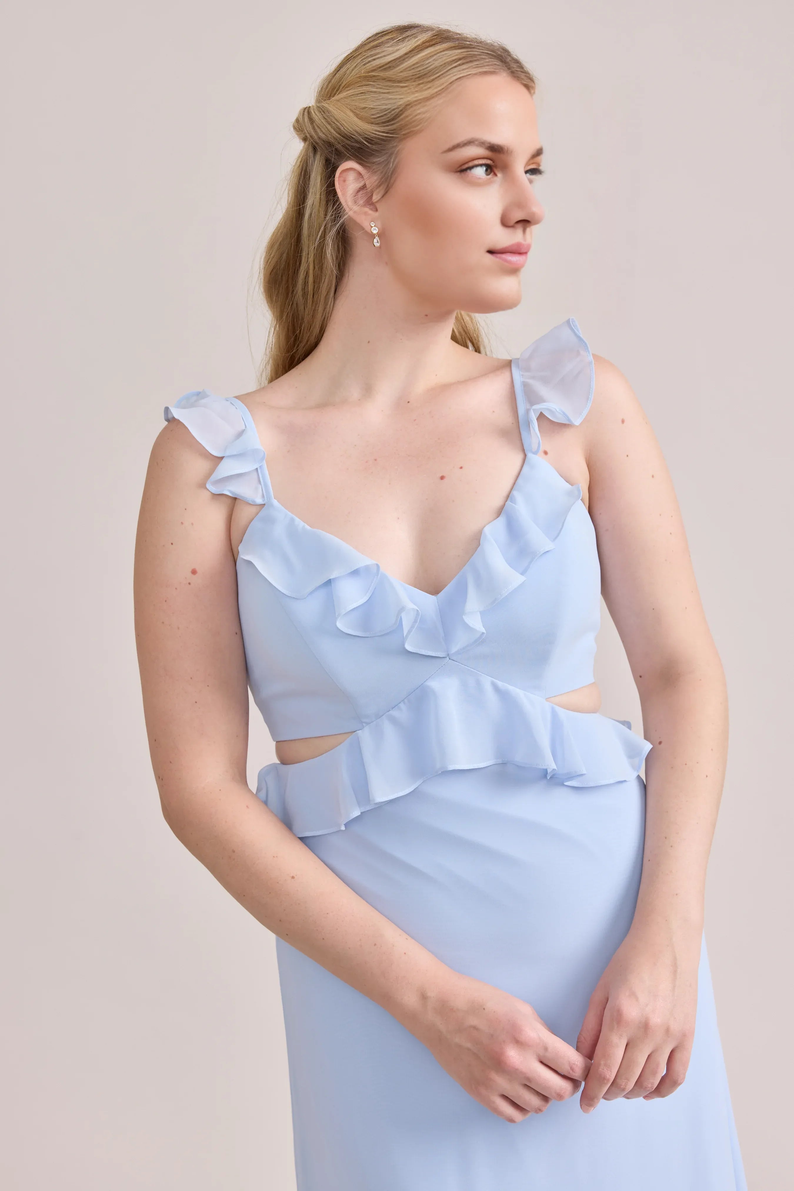 Classic Fitted A-line Ruffle V Neck Sleeveless Backless Ankle-Length Bridesmaid Dress