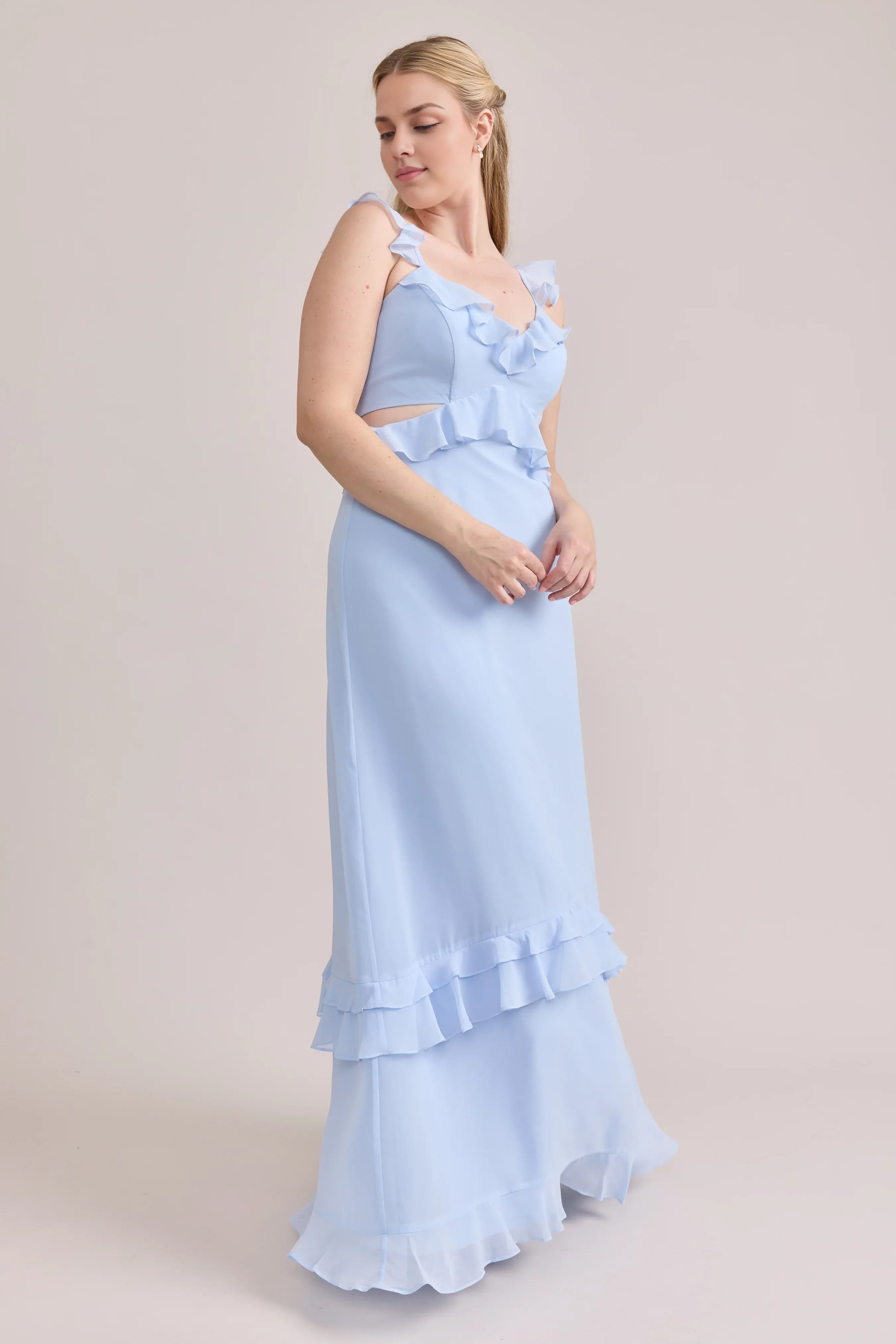 Classic Fitted A-line Ruffle V Neck Sleeveless Backless Ankle-Length Bridesmaid Dress