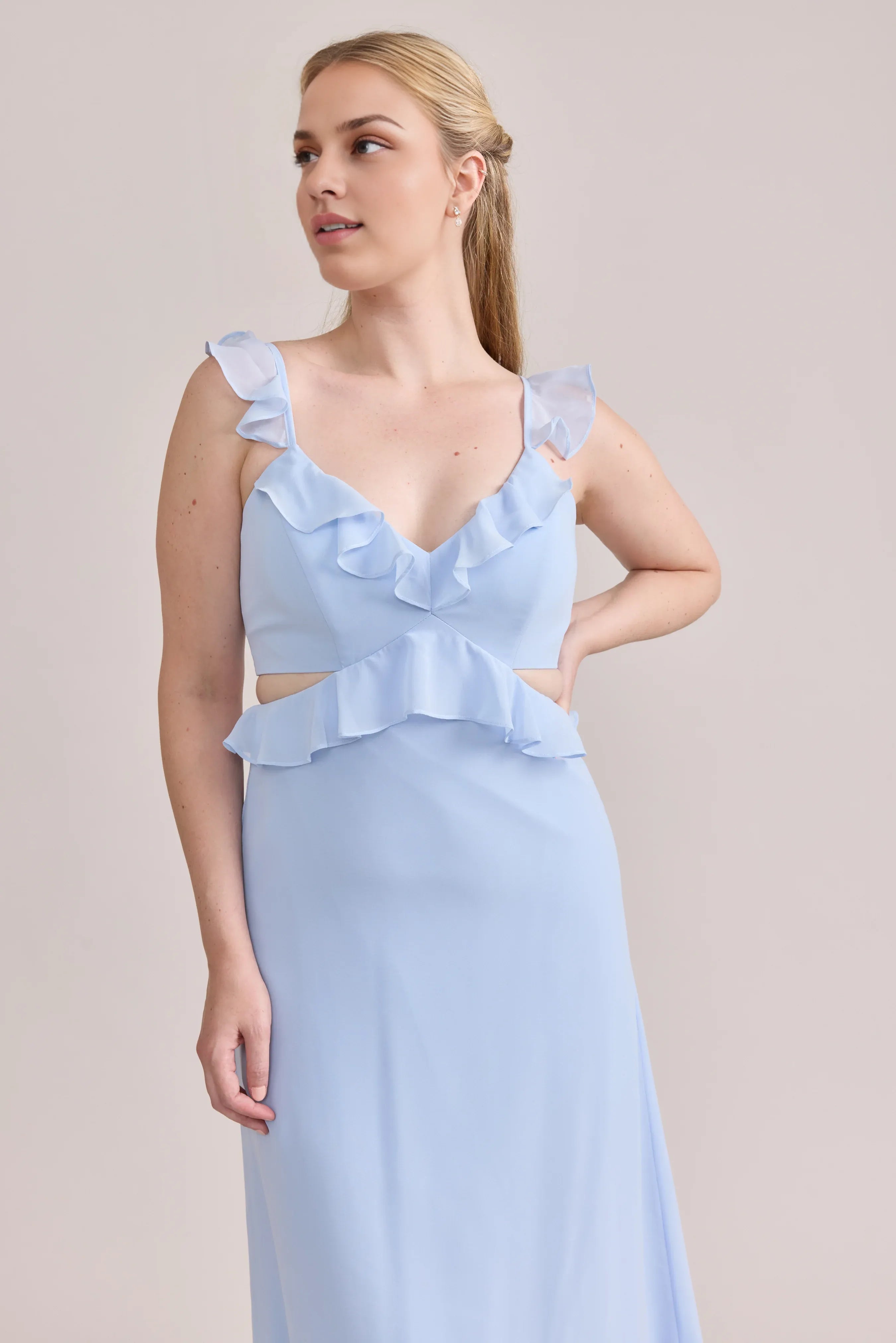 Classic Fitted A-line Ruffle V Neck Sleeveless Backless Ankle-Length Bridesmaid Dress