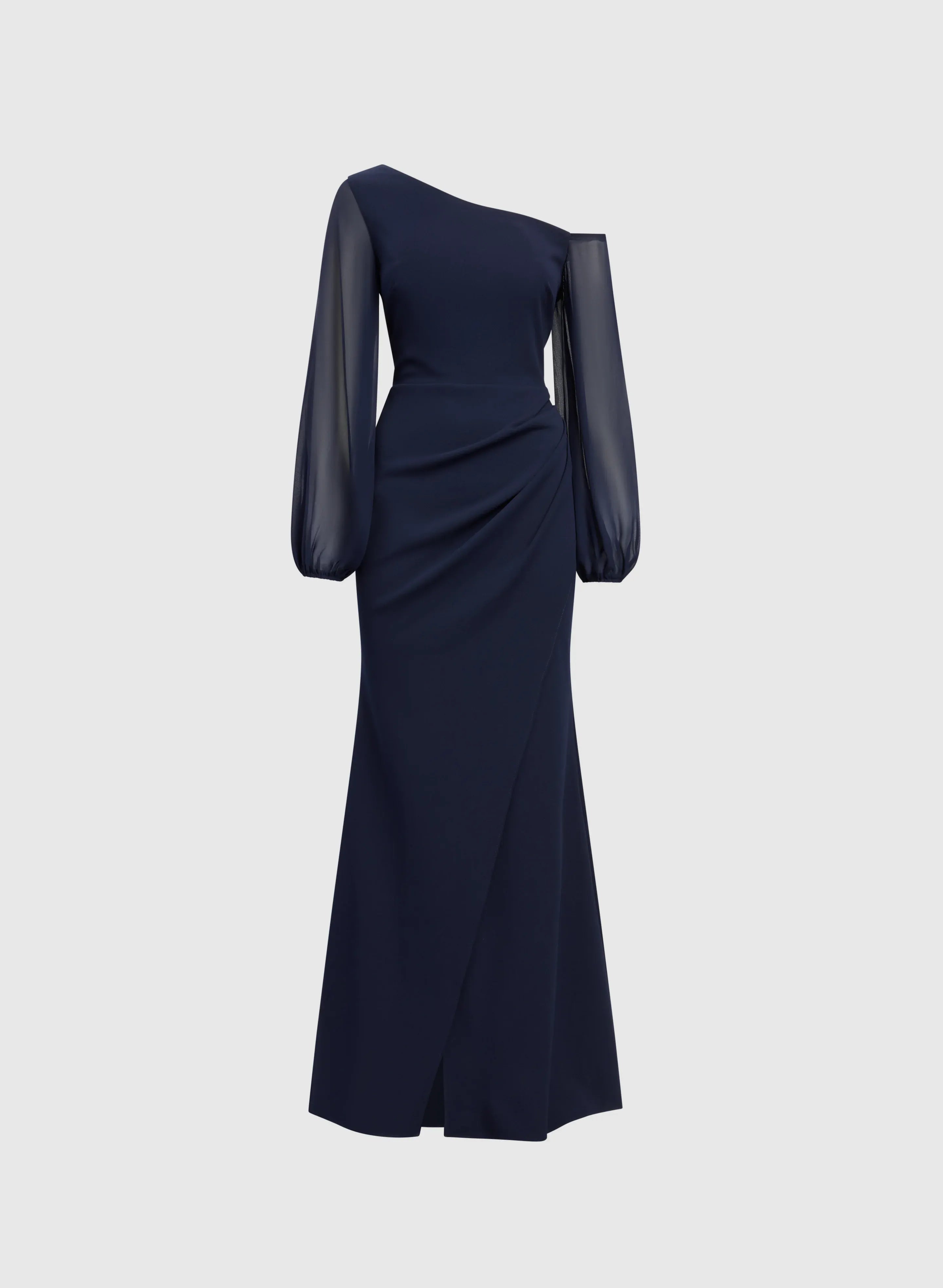 Classic Fitted Asymmetric Neck Long Sleeve Zipper Up Floor-Length Prom Dress