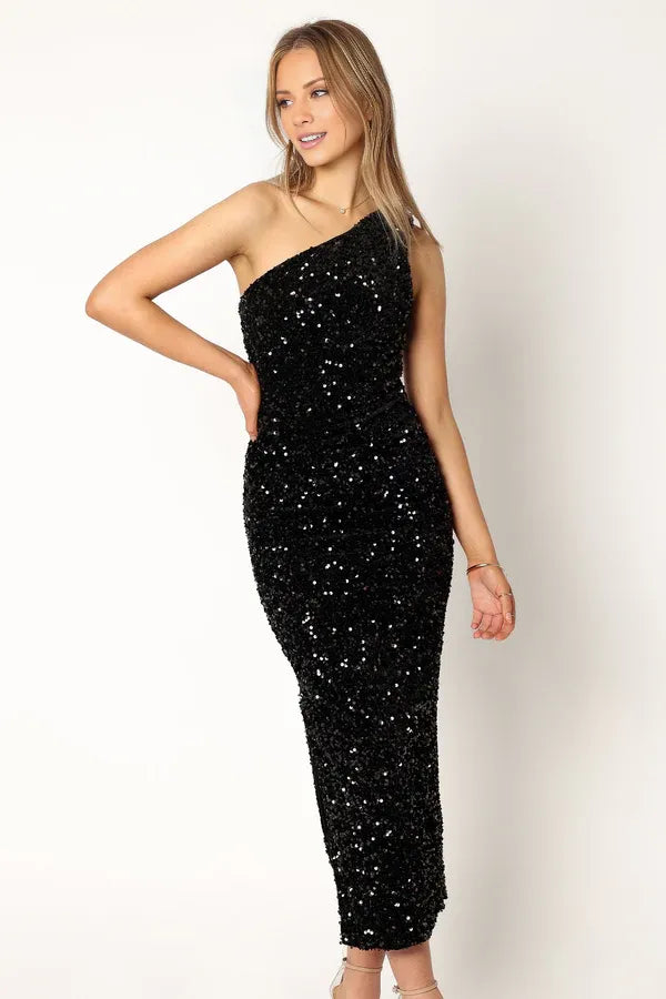Classic Fitted One Shoulder Sleeveless Sequins Ankle-Length Prom Dress