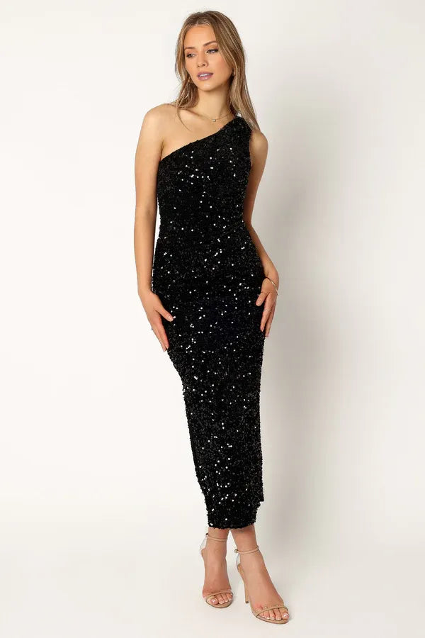 Classic Fitted One Shoulder Sleeveless Sequins Ankle-Length Prom Dress
