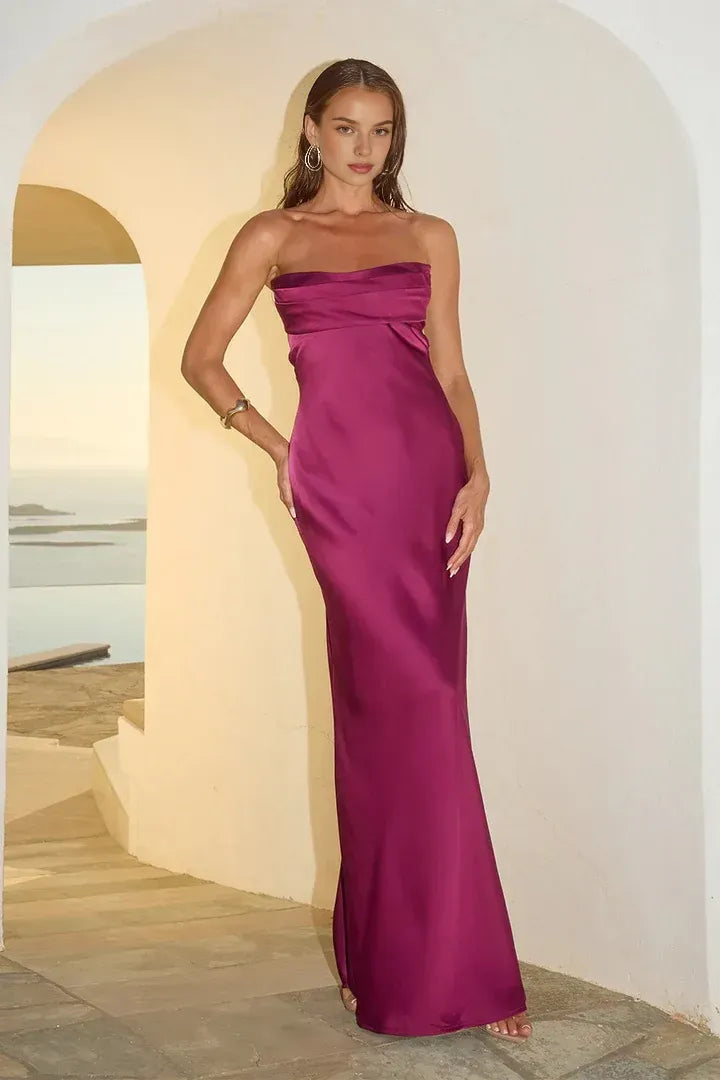 Classic Fitted Strapless Sleeveless Satin Floor-Length Prom Dress