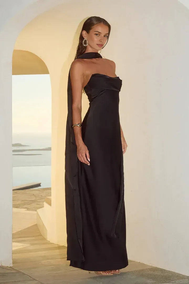 Simple Fitted Strapless Sleeveless Satin Floor-Length Prom Dress