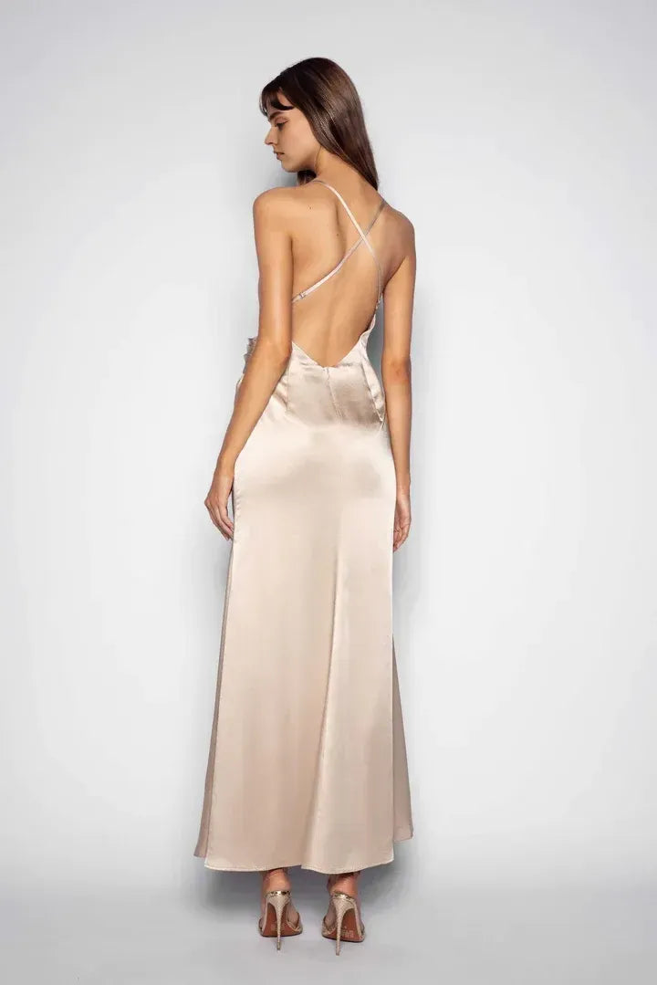 Classic Fitted V Neck Sleeveless Satin Floor-Length Prom Dress