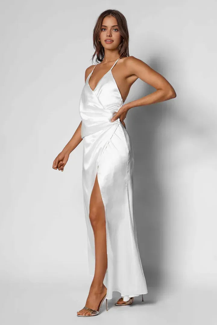 Classic Fitted V Neck Sleeveless Satin Floor-Length Wedding Dress