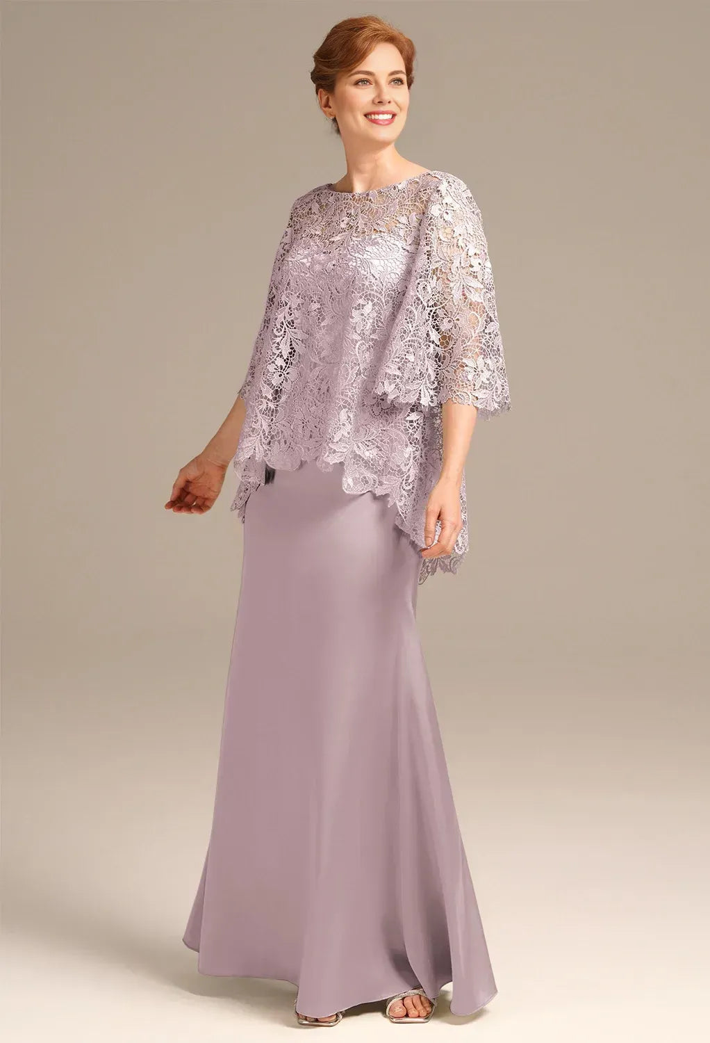 Classic Mermaid Bateau Neck Short Sleeves Pleated Satin Floor Length Mother of the Bride Dress