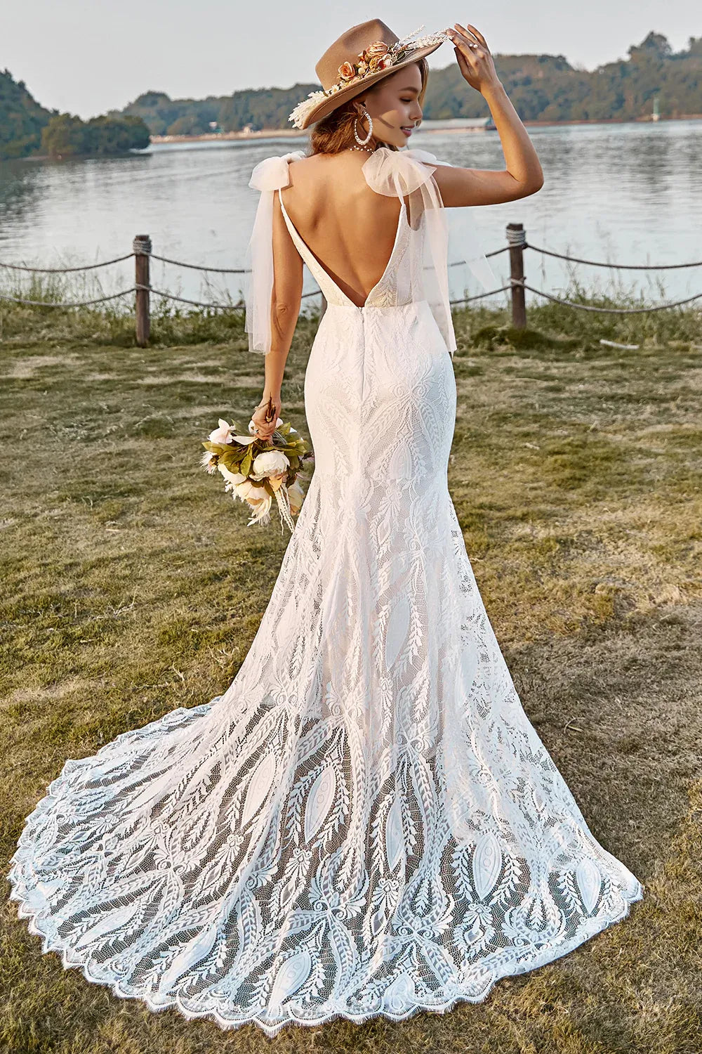 Classic Mermaid Off the Shoulder Sleeveless V Back Sweep Train Wedding Dress