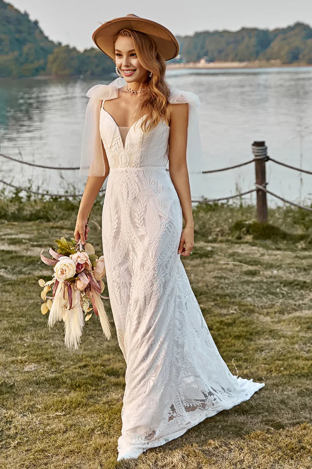 Classic Mermaid Off the Shoulder Sleeveless V Back Sweep Train Wedding Dress