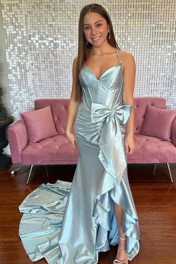 Classic Mermaid Spaghetti Straps Sleeveless Split Satin Floor Length Prom Dress