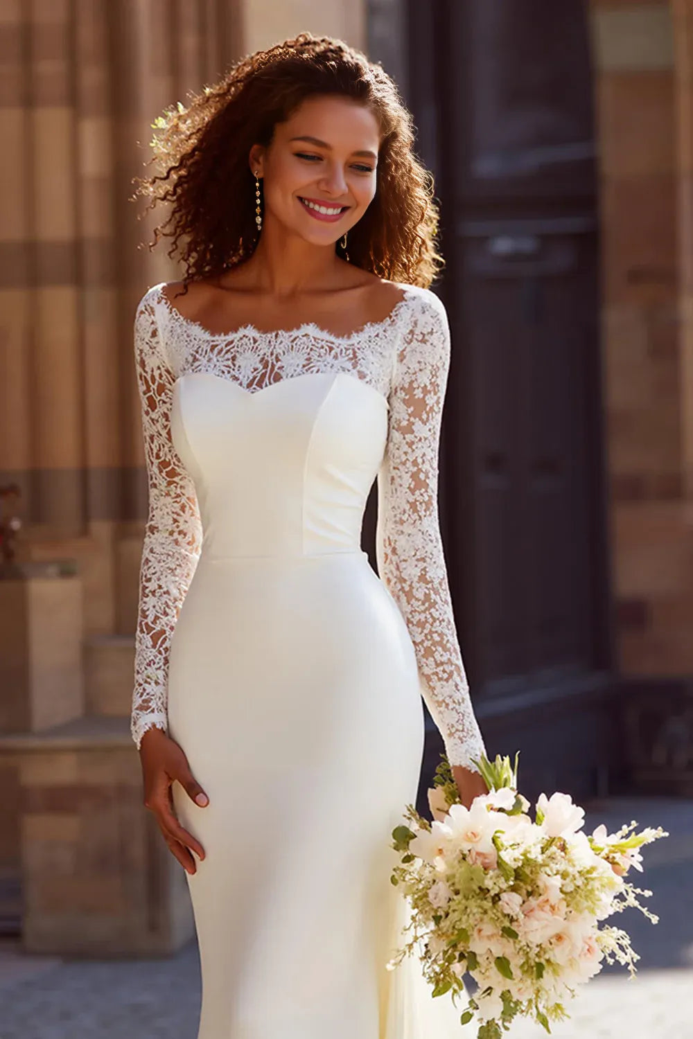 Classic Mermaid/Trumpet Boat Neck Long Sleeve Chiffon Sweep Train Wedding Dress