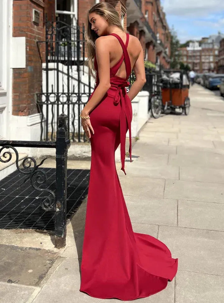 Classic Mermaid/Trumpet Cowl Neck Sleeveless Satin Sweep/Brush Train Prom Dress