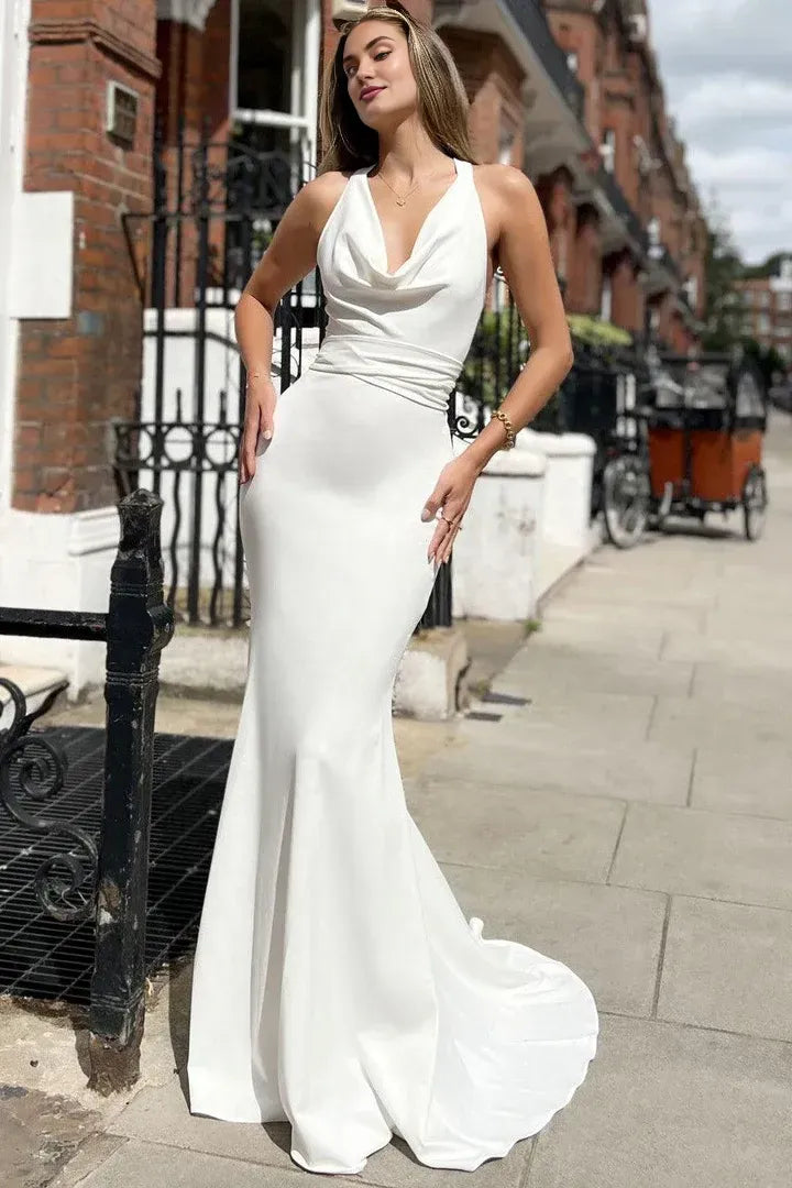 Classic Mermaid/Trumpet Cowl Neck Sleeveless Satin Sweep/Brush Train Wedding Dress