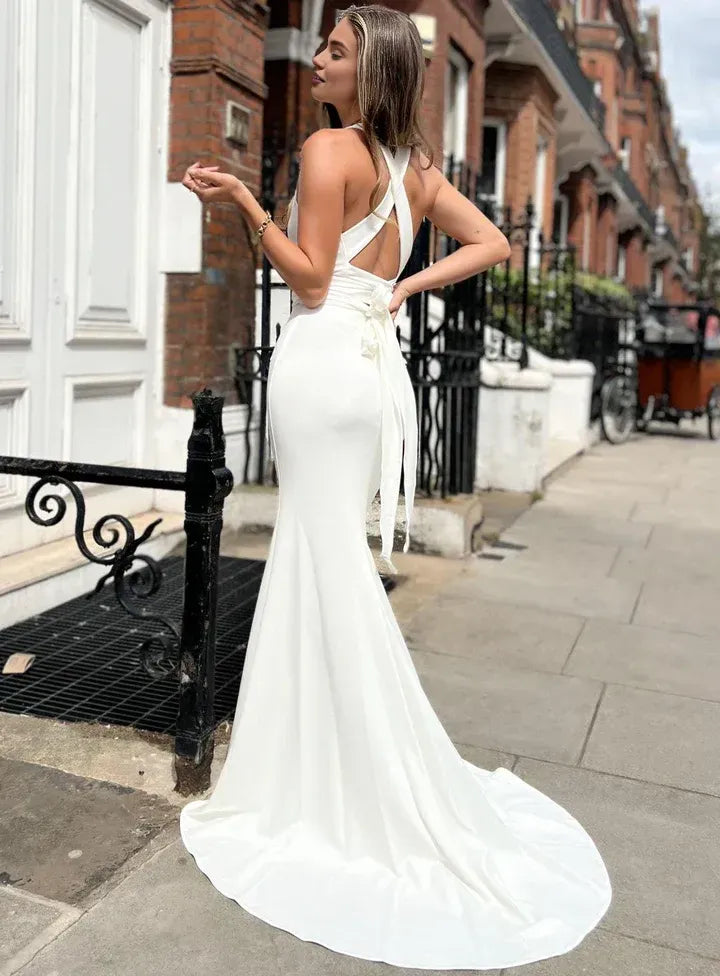 Classic Mermaid/Trumpet Cowl Neck Sleeveless Satin Sweep/Brush Train Wedding Dress