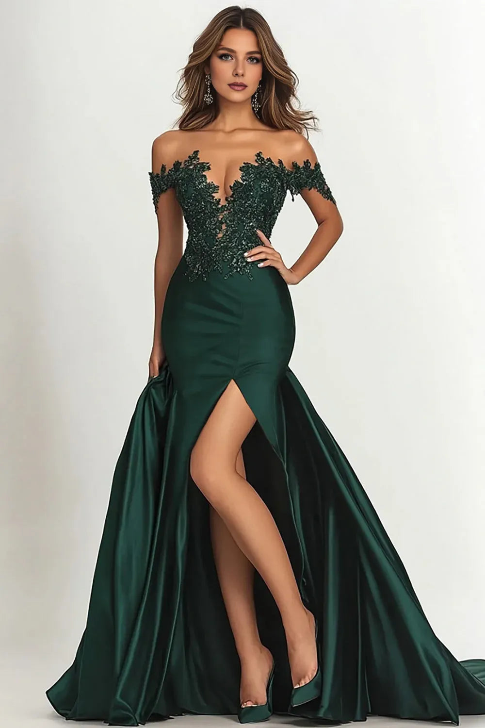 Classic Mermaid/Trumpet Off the Shoulder Appliques Satin Sweep/Brush Train Prom Dress