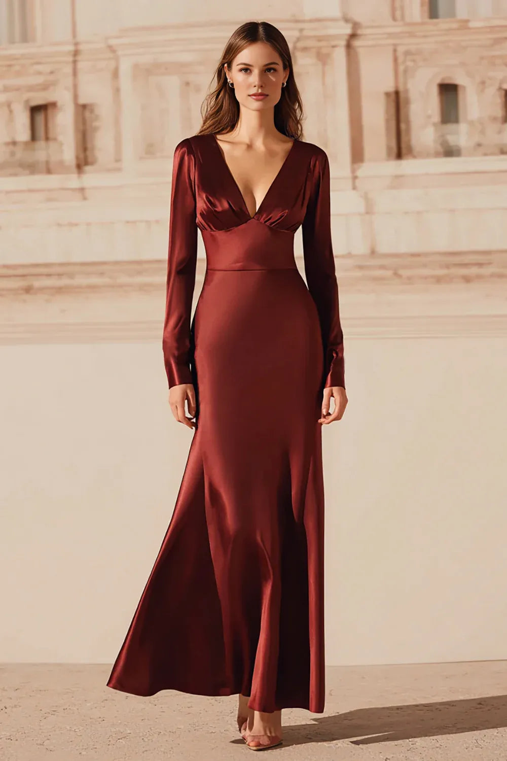 Classic Mermaid/Trumpet V-Neck Long Sleeve Satin Ankle-Length Prom Dress