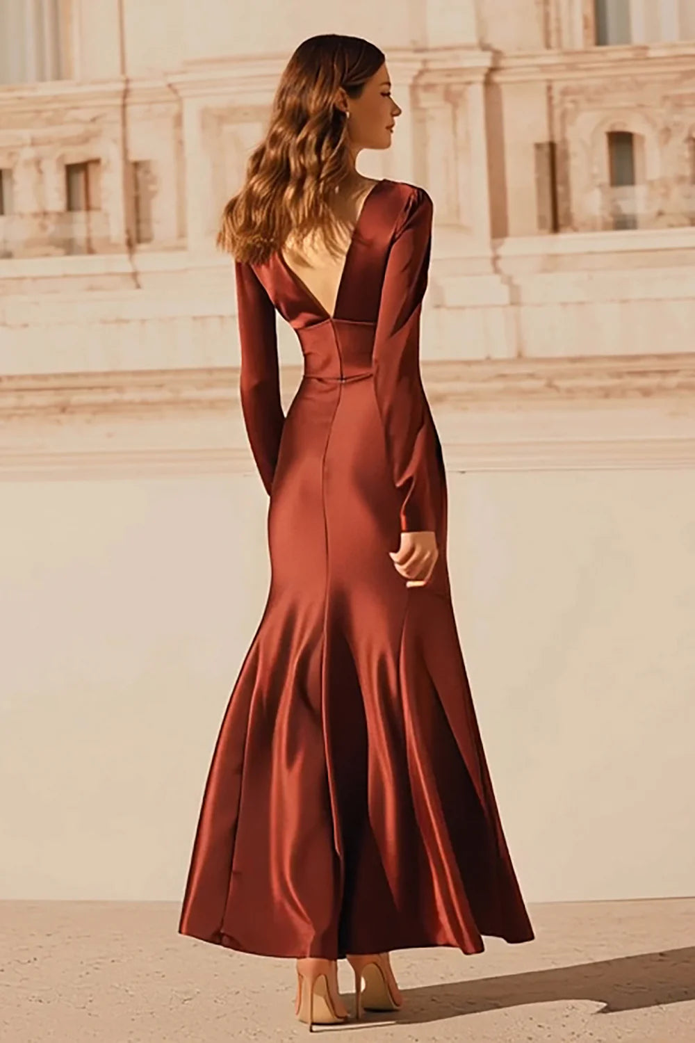 Classic Mermaid/Trumpet V-Neck Long Sleeve Satin Ankle-Length Prom Dress