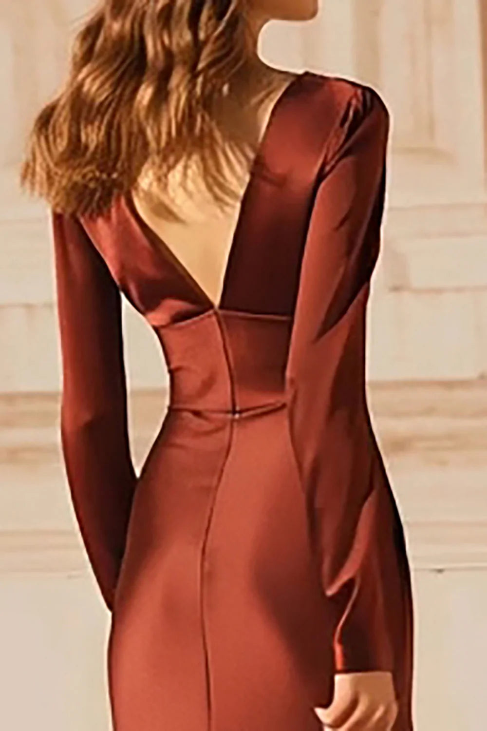 Classic Mermaid/Trumpet V-Neck Long Sleeve Satin Ankle-Length Prom Dress
