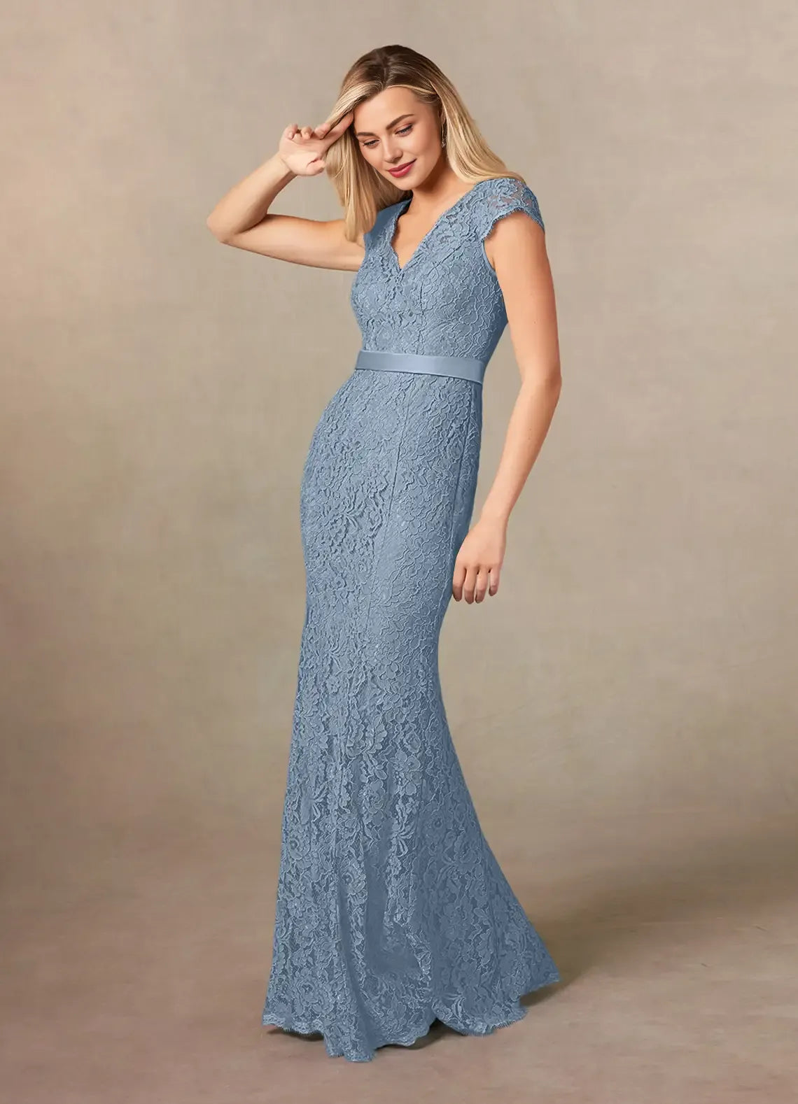 Classic Mermaid V-Neck Cap Sleeves Back Zip Floor-Length Mother of the Bride Dress
