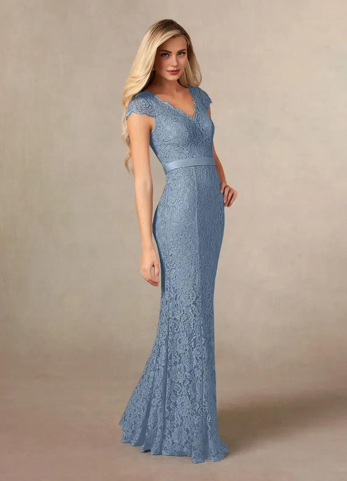 Classic Mermaid V-Neck Cap Sleeves Back Zip Floor-Length Mother of the Bride Dress