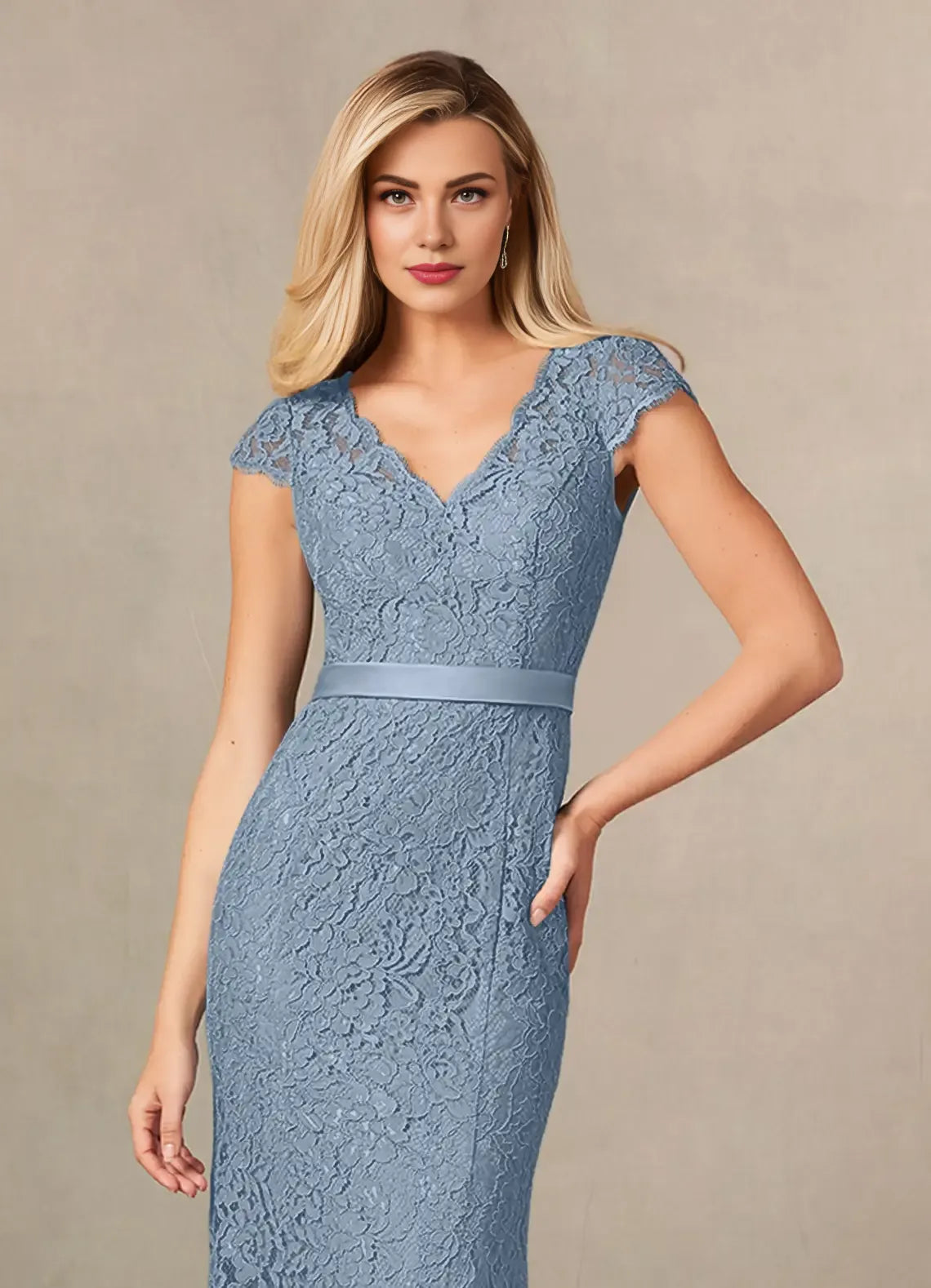 Classic Mermaid V-Neck Cap Sleeves Back Zip Floor-Length Mother of the Bride Dress