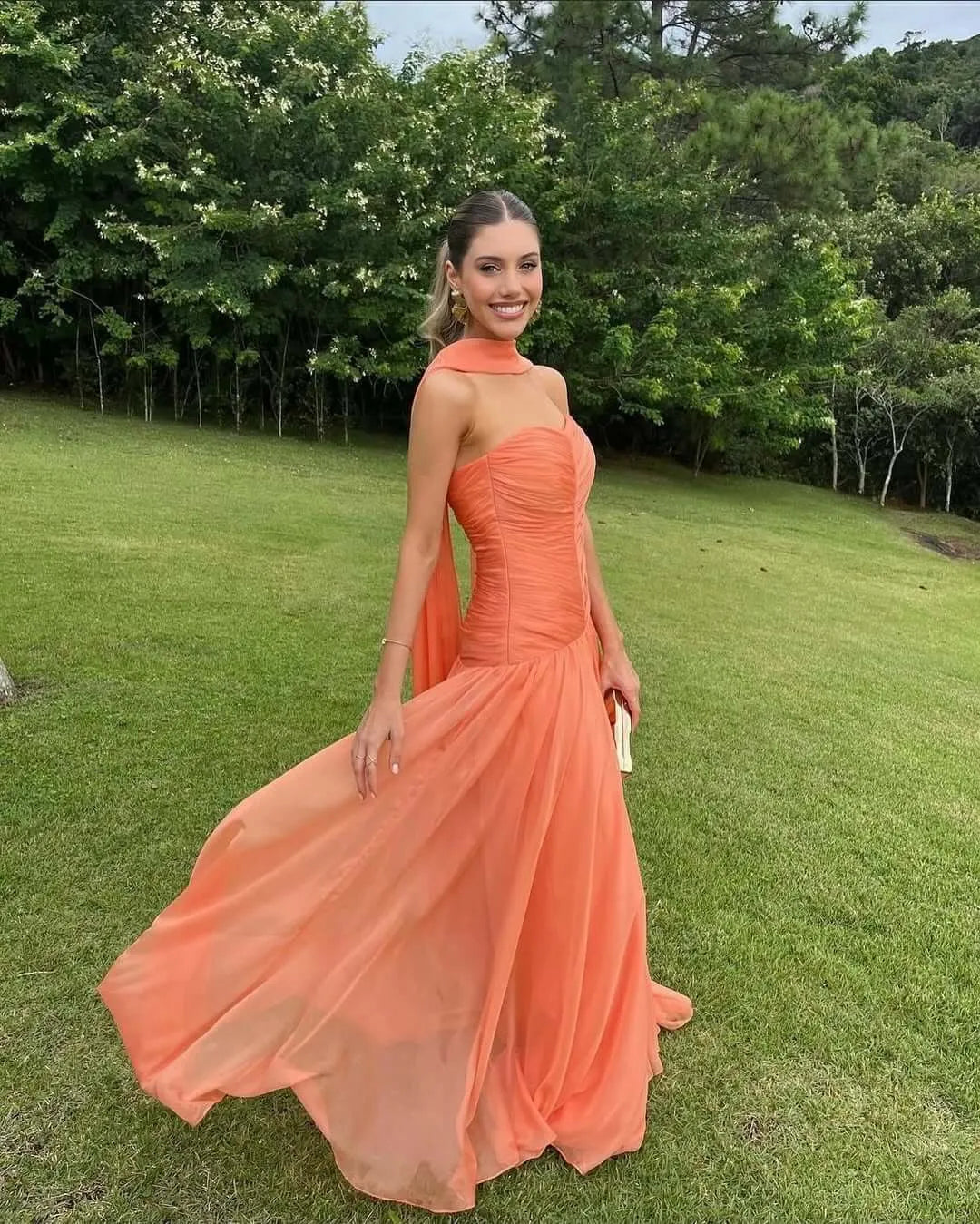 Classic Off The Shoulder Sleeveless A-Line Scarf Chiffon Long Prom Dress