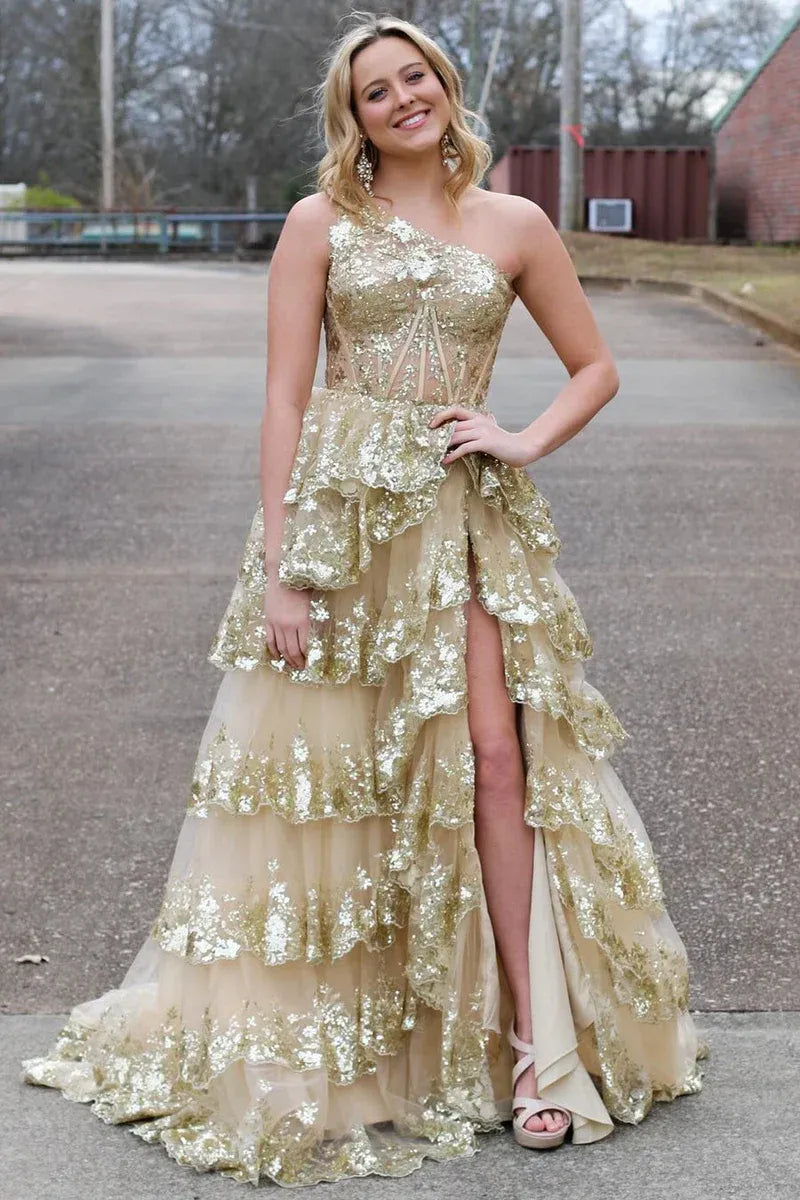 Classic One Shoulder Sleeveless A-Line Empire Sequins Tiered Slit Long Prom Dress