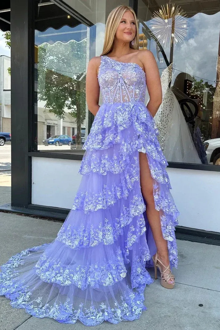 Classic One Shoulder Sleeveless A-Line Empire Sequins Tiered Slit Long Prom Dress