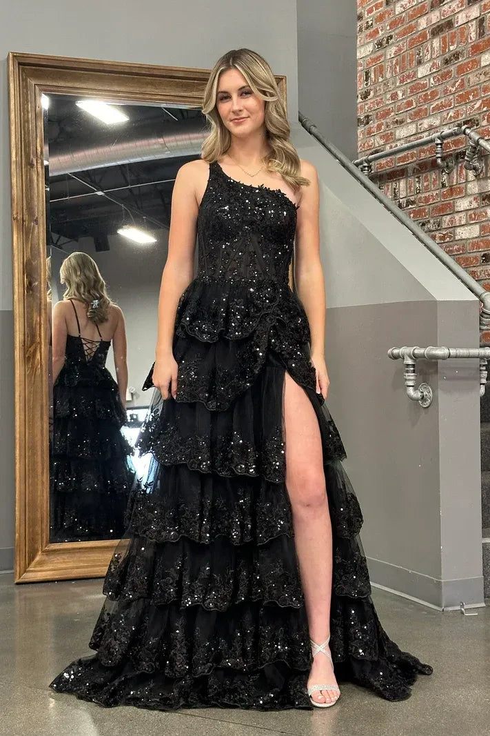 Classic One Shoulder Sleeveless A-Line Empire Sequins Tiered Slit Long Prom Dress