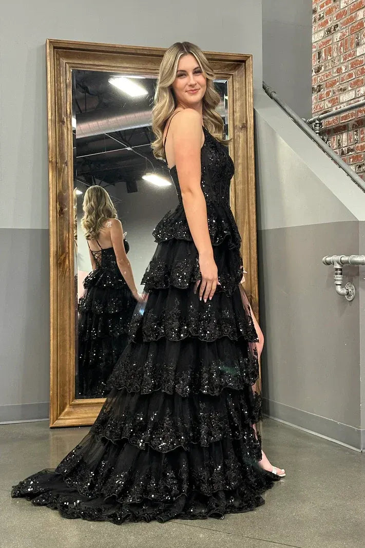 Classic One Shoulder Sleeveless A-Line Empire Sequins Tiered Slit Long Prom Dress