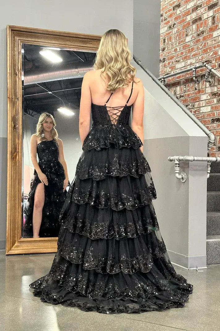 Classic One Shoulder Sleeveless A-Line Empire Sequins Tiered Slit Long Prom Dress