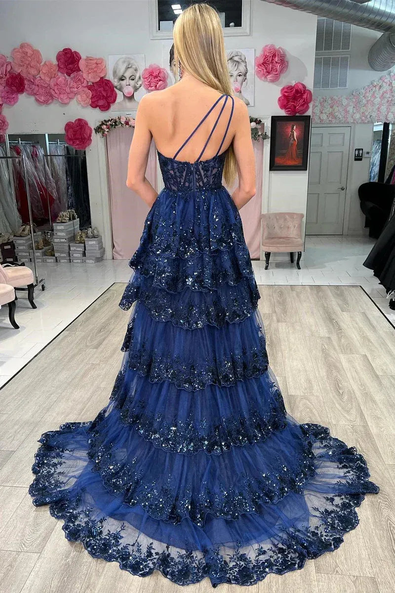 Classic One Shoulder Sleeveless A-Line Empire Sequins Tiered Slit Long Prom Dress