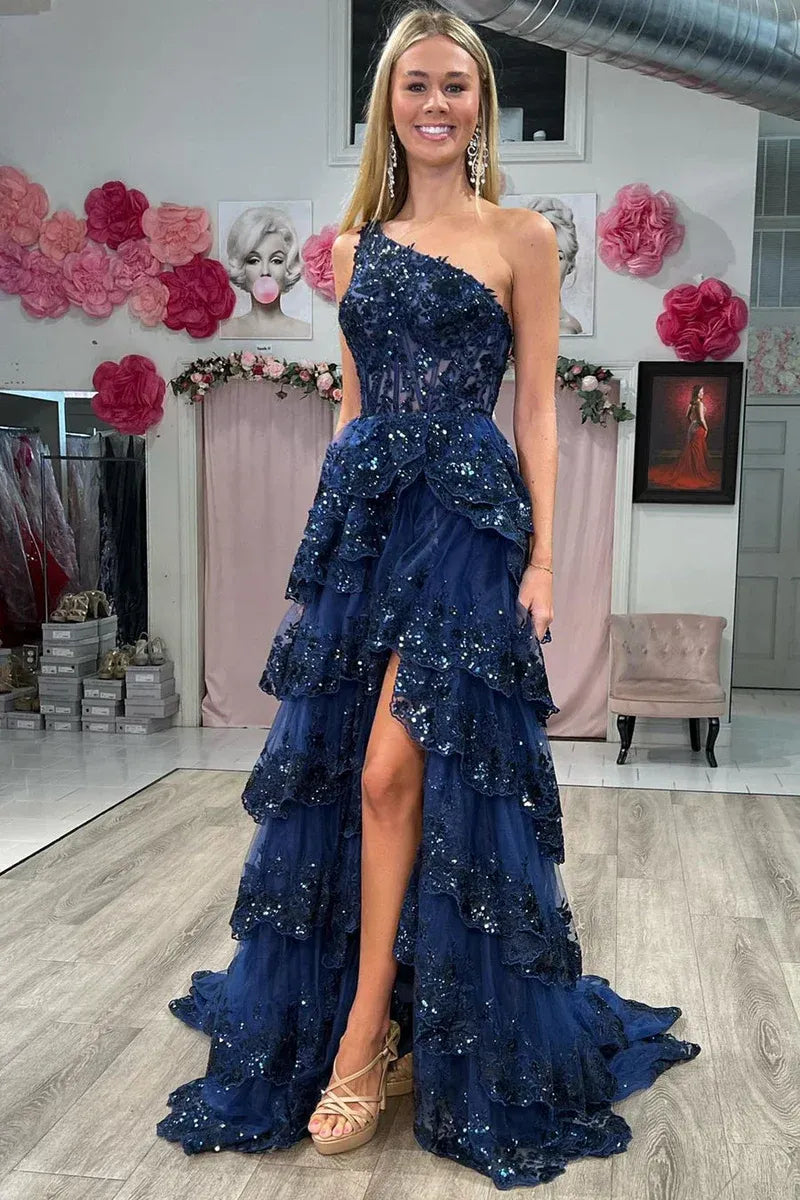 Classic One Shoulder Sleeveless A-Line Empire Sequins Tiered Slit Long Prom Dress