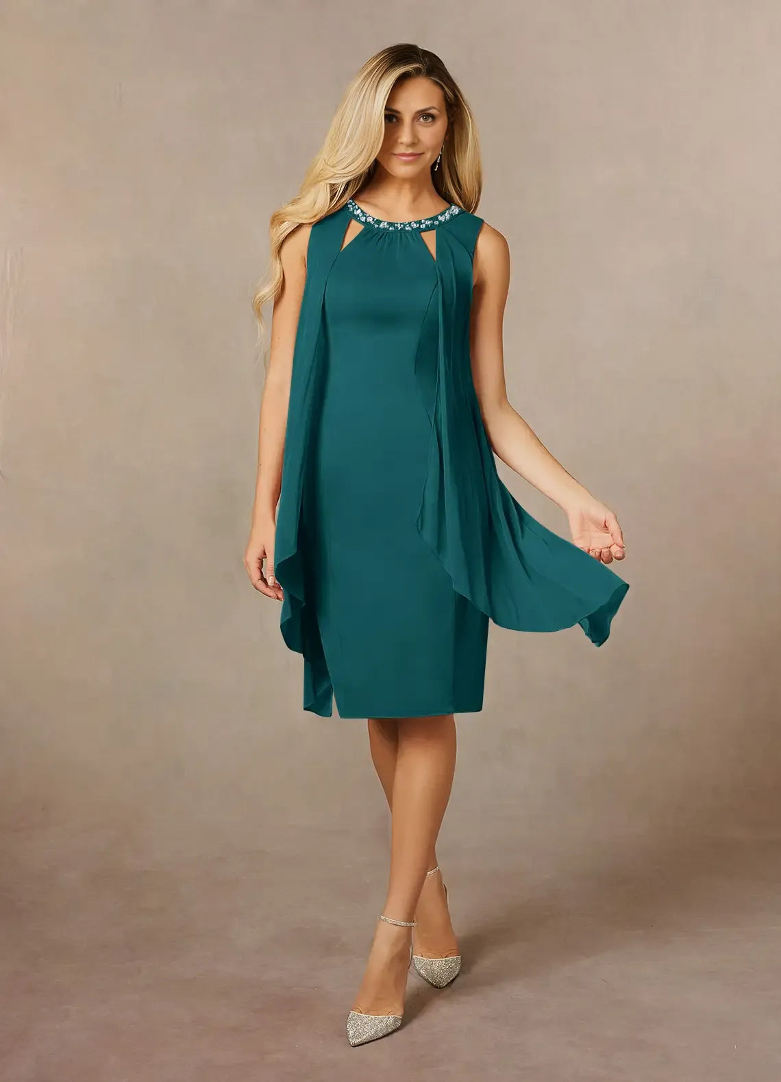 Weitese Dress Classic Peacock A-Line Sequins Scoop Neck Dress Knee-Length Sleeveless Keyhole Back Mother of the Bride Dress