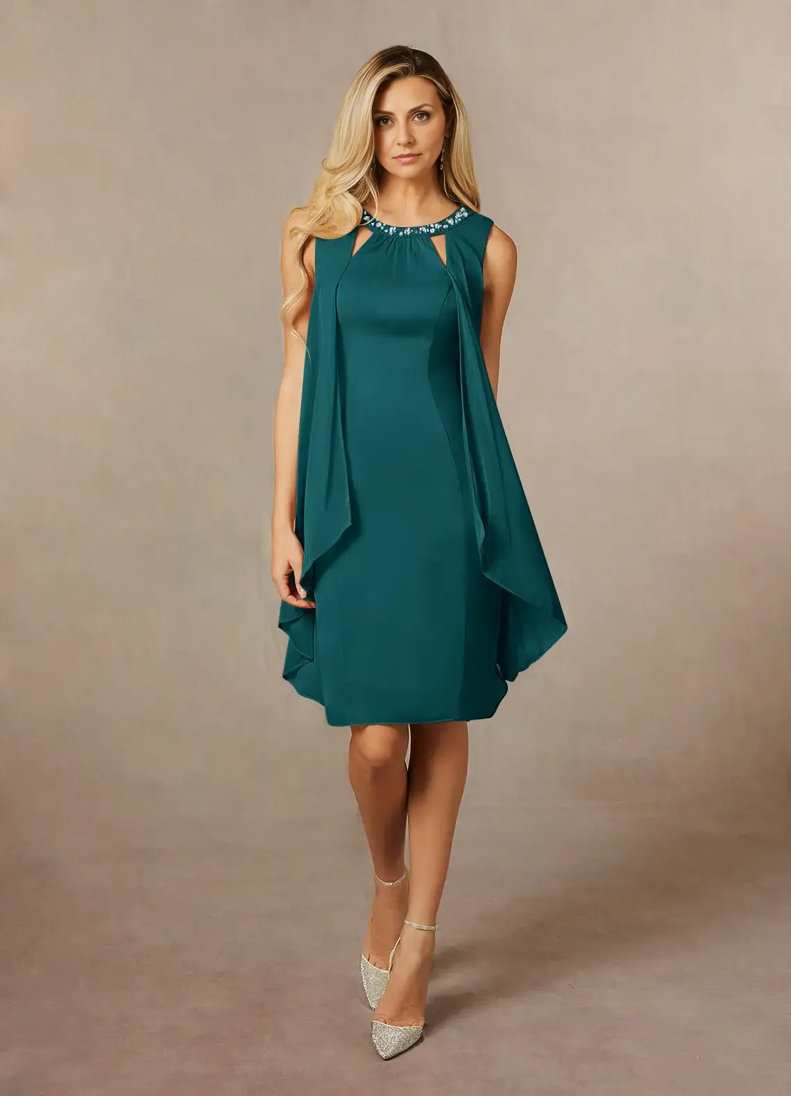 Weitese Dress Classic Peacock A-Line Sequins Scoop Neck Dress Knee-Length Sleeveless Keyhole Back Mother of the Bride Dress