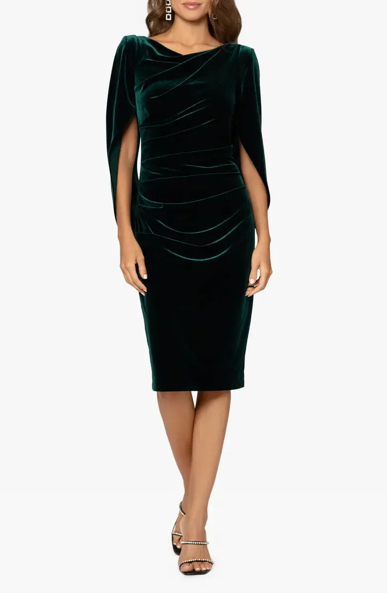 Classic Sheath Boat Neck Capelet Sleeve Velvet Knee-Length Prom Dress