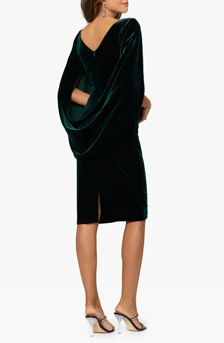 Classic Sheath Boat Neck Capelet Sleeve Velvet Knee-Length Prom Dress